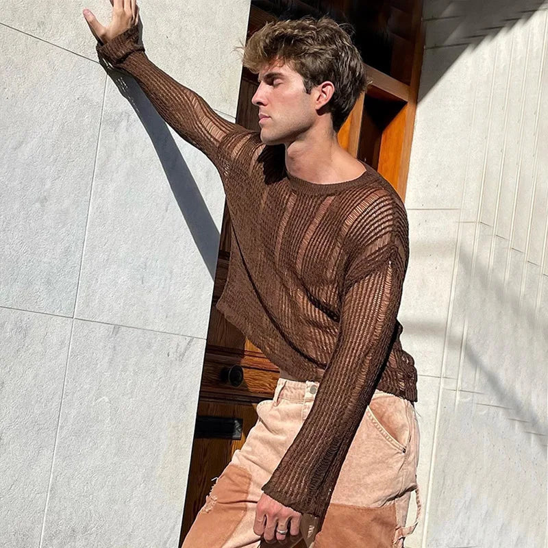 a sexy man in dark brown Trace Knit Sweater - pridevoyageshop.com - gay men’s harness, lingerie and fetish wear