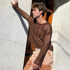 a sexy man in dark brown Trace Knit Sweater - pridevoyageshop.com - gay men’s harness, lingerie and fetish wear