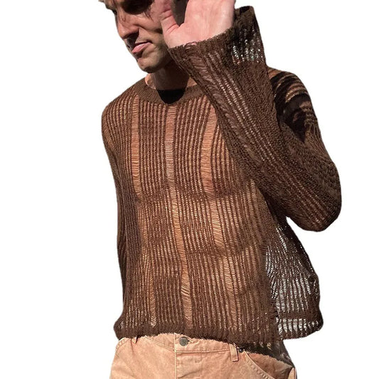 a sexy man in dark brown Trace Knit Sweater - pridevoyageshop.com - gay men’s harness, lingerie and fetish wear