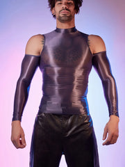 a sexy man in dark gray Cold-Shoulder Servo Liquid Metal Top - pridevoyageshop.com - gay men’s harness, lingerie and fetish wear