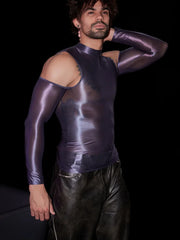 a sexy man in dark gray Cold-Shoulder Servo Liquid Metal Top - pridevoyageshop.com - gay men’s harness, lingerie and fetish wear