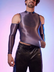 a sexy man in dark gray Cold-Shoulder Servo Liquid Metal Top - pridevoyageshop.com - gay men’s harness, lingerie and fetish wear