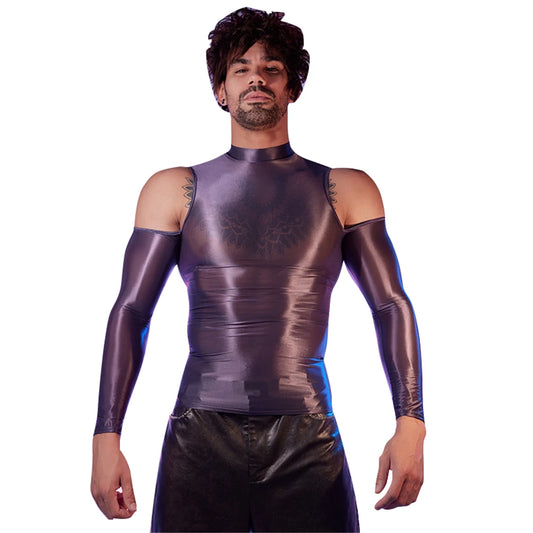 a sexy man in dark gray Cold-Shoulder Servo Liquid Metal Top - pridevoyageshop.com - gay men’s harness, lingerie and fetish wear