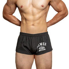 a sexy man in dark gray Men’s Hunt Mode Low-Rise Gym Shorts – pridevoyageshop.com – gay men’s sexy swim briefs, trunks, board shorts, and bikinis