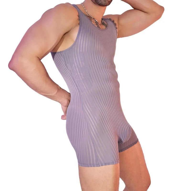 a sexy man in dark gray Men’s Optical Stripe Sheer Singlet – pridevoyageshop.com – gay men’s harness, lingerie and fetish wear