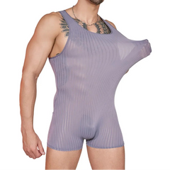 a sexy man in dark gray Men’s Optical Stripe Sheer Singlet – pridevoyageshop.com – gay men’s harness, lingerie and fetish wear