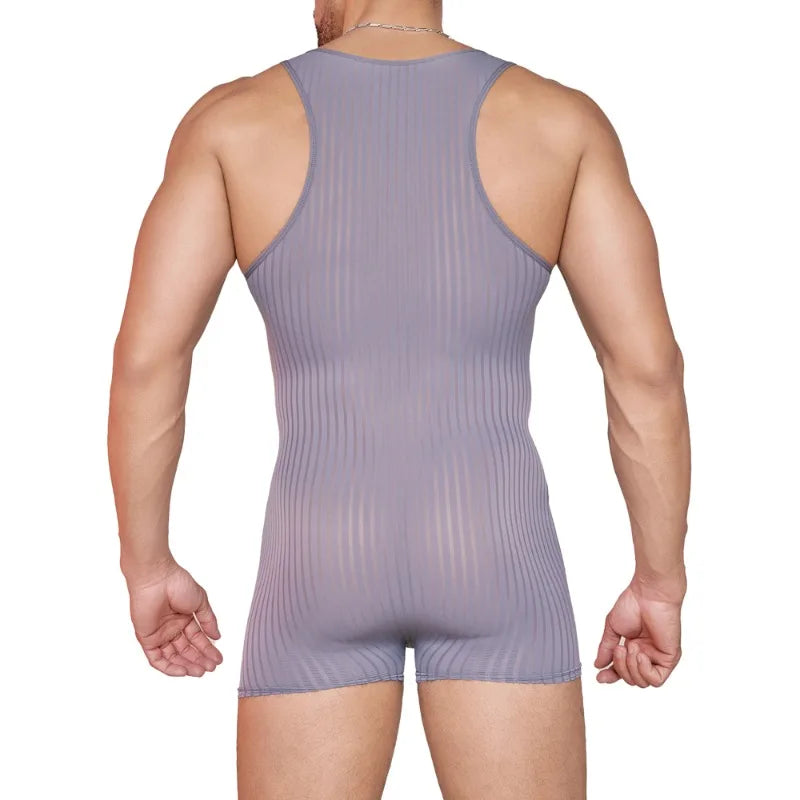 a sexy man in dark gray Men’s Optical Stripe Sheer Singlet – pridevoyageshop.com – gay men’s harness, lingerie and fetish wear