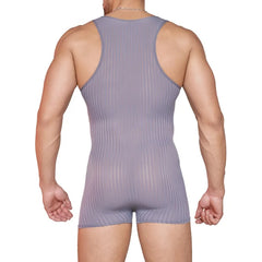 a sexy man in dark gray Men’s Optical Stripe Sheer Singlet – pridevoyageshop.com – gay men’s harness, lingerie and fetish wear