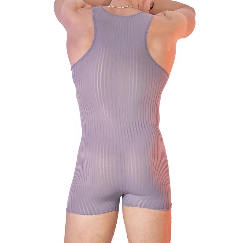 a sexy man in dark gray Men’s Optical Stripe Sheer Singlet – pridevoyageshop.com – gay men’s harness, lingerie and fetish wear
