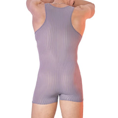 a sexy man in dark gray Men’s Optical Stripe Sheer Singlet – pridevoyageshop.com – gay men’s harness, lingerie and fetish wear