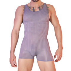 a sexy man in dark gray Men’s Optical Stripe Sheer Singlet – pridevoyageshop.com – gay men’s harness, lingerie and fetish wear
