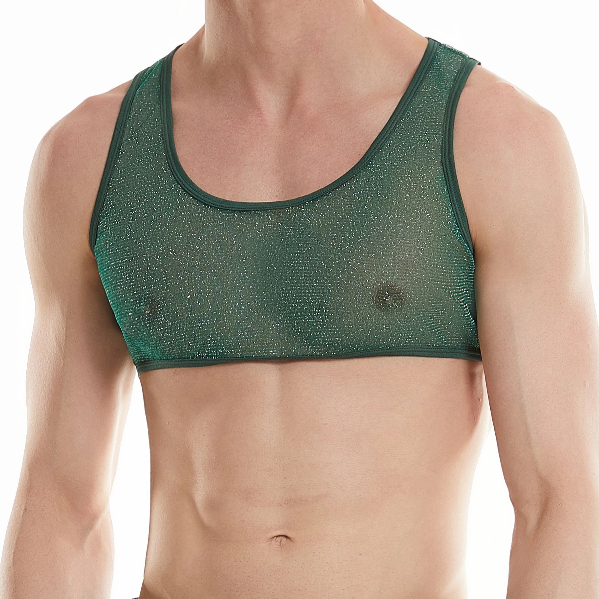 a sexy man in dark green Fire Island Flicker Micro Crop - pridevoyageshop.com - gay men’s harness, lingerie and fetish wear