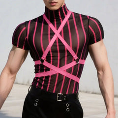 a sexy man in dark pink Lockdown Harness Mesh Top - pridevoyageshop.com - gay men’s harness, lingerie and fetish wear