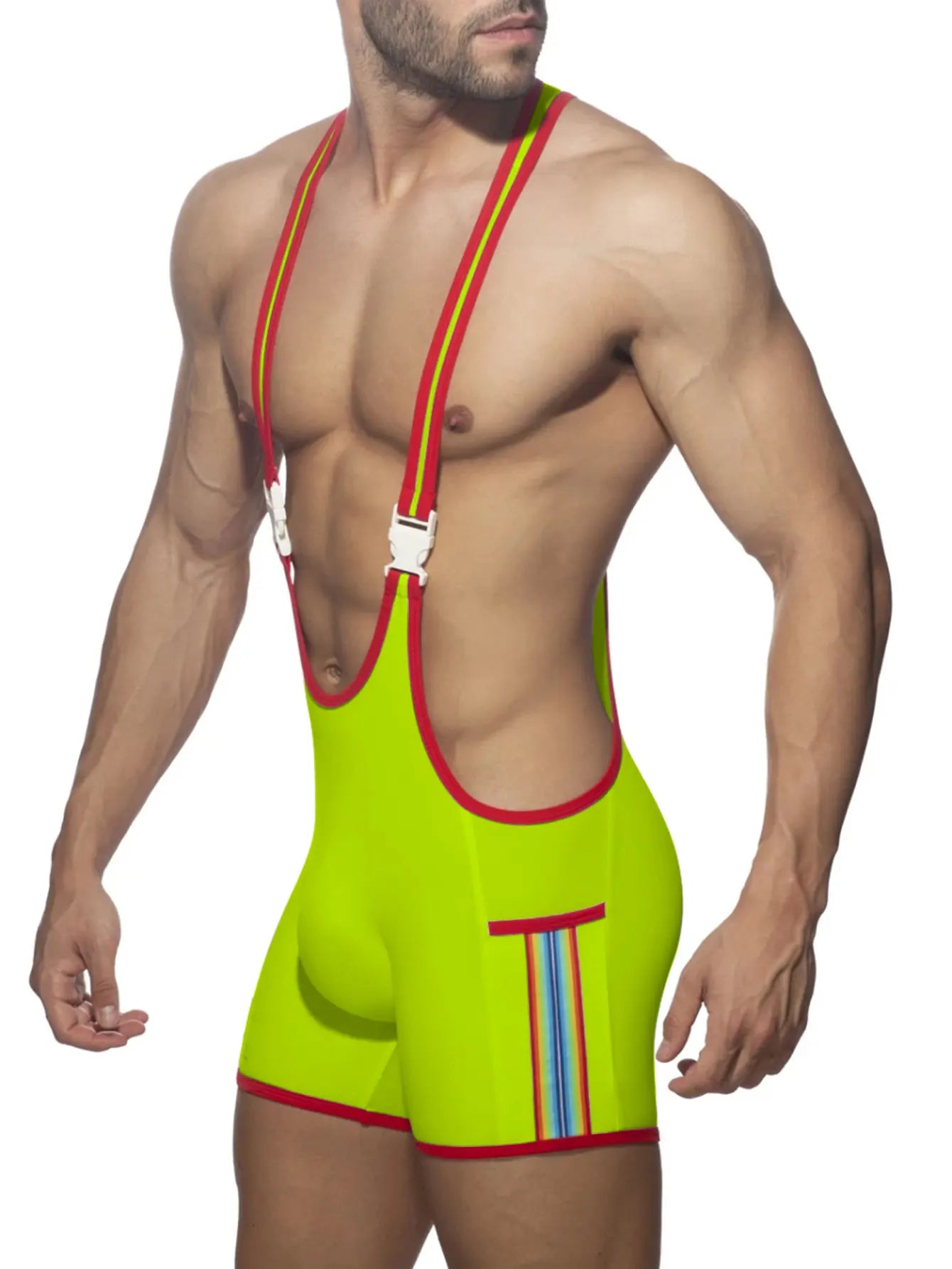 a sexy man in fluorescent green Circuit Breaker Buckle Singlet – pridevoyageshop.com – gay men’s harness, lingerie and fetish wear