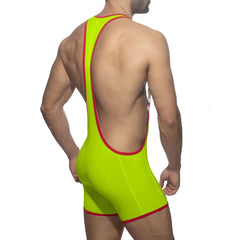 a sexy man in fluorescent green Circuit Breaker Buckle Singlet – pridevoyageshop.com – gay men’s harness, lingerie and fetish wear