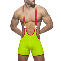 a sexy man in fluorescent green Circuit Breaker Buckle Singlet – pridevoyageshop.com – gay men’s harness, lingerie and fetish wear