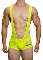 a sexy man in fluorescent green DM Men’s Powerline Y-Back Mesh Singlet – pridevoyageshop.com – gay men’s harness, lingerie and fetish wear