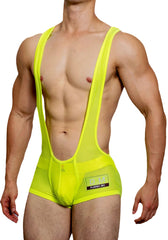 a sexy man in fluorescent green DM Men’s Powerline Y-Back Mesh Singlet – pridevoyageshop.com – gay men’s harness, lingerie and fetish wear
