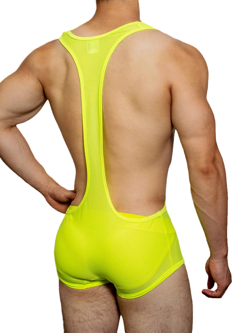 a sexy man in fluorescent green DM Men’s Powerline Y-Back Mesh Singlet – pridevoyageshop.com – gay men’s harness, lingerie and fetish wear