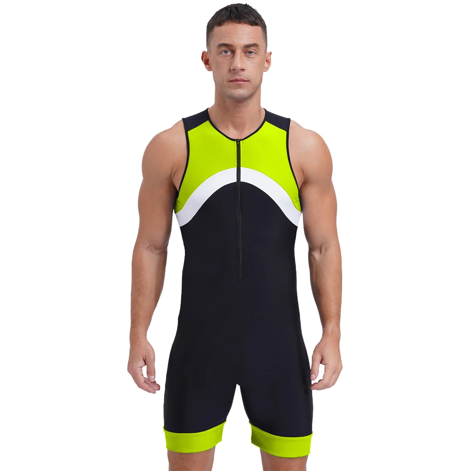 a sexy man in fluorescent green Men’s Undertow Wave-Zip Bodysuit – pridevoyageshop.com – gay men’s harness, lingerie and fetish wear