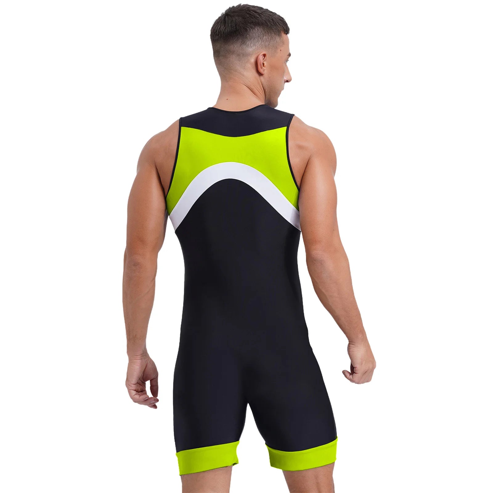 a sexy man in fluorescent green Men’s Undertow Wave-Zip Bodysuit – pridevoyageshop.com – gay men’s harness, lingerie and fetish wear