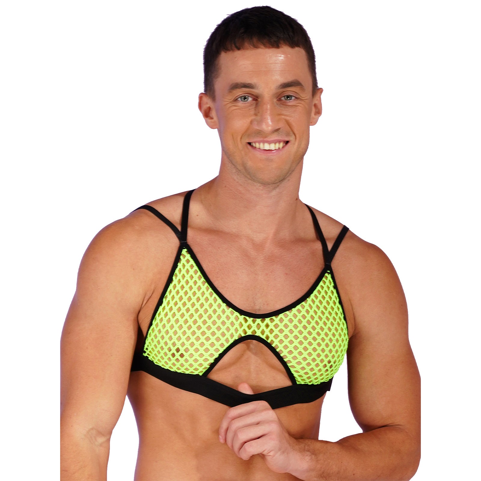 a sexy man in fluorescent green Night Signal Macro-Net Mesh Crop Top - pridevoyageshop.com - gay men’s harness, lingerie and fetish wear