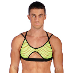a sexy man in fluorescent green Night Signal Macro-Net Mesh Crop Top - pridevoyageshop.com - gay men’s harness, lingerie and fetish wear