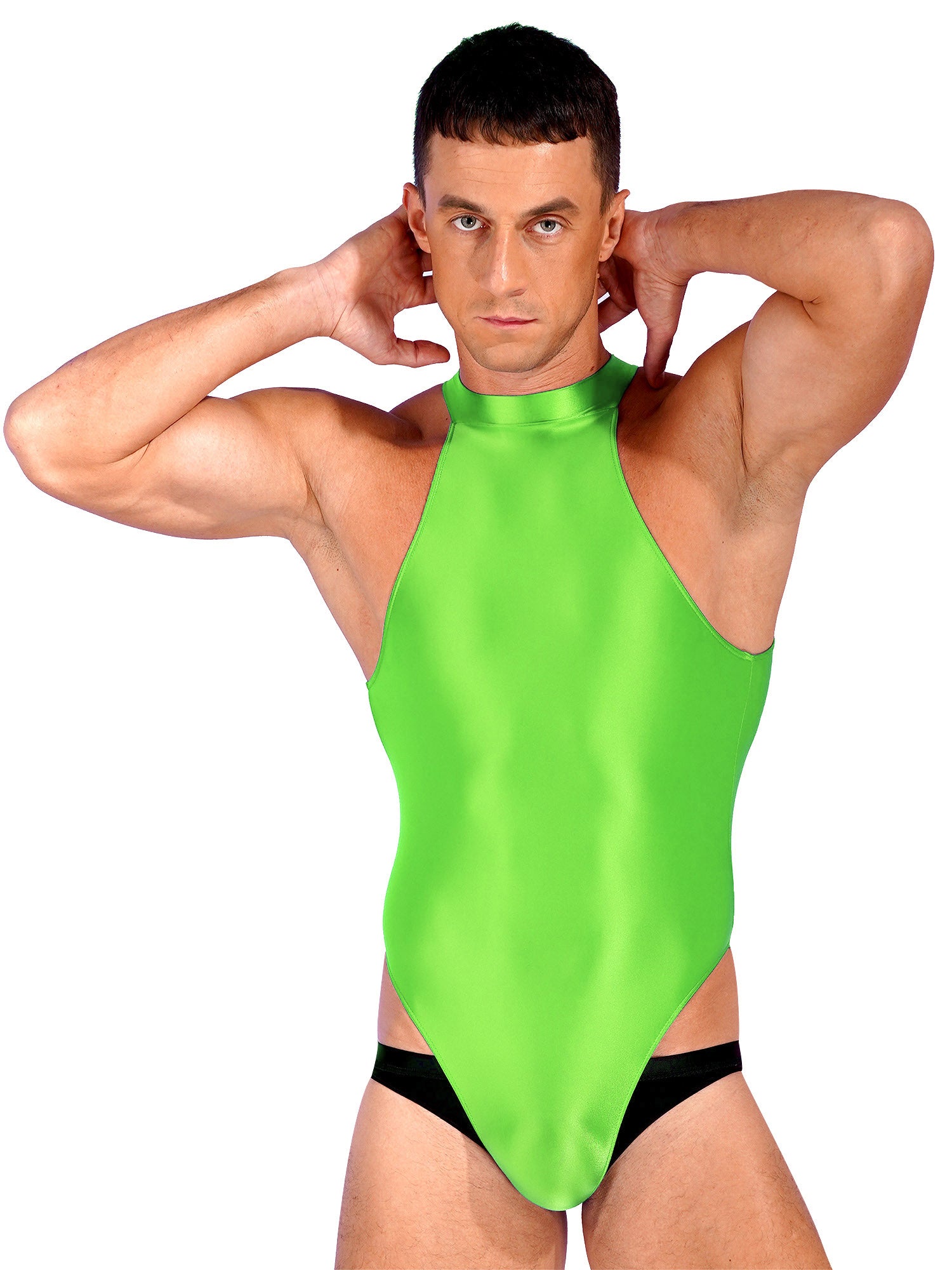 a sexy man in fluorescent green Profile High-Neck Halter Leotard showing sleek halter neckline and sculpted torso, high-cut fit – pridevoyageshop.com – gay men’s harness, lingerie and fetish wear