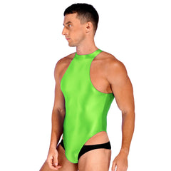 a sexy man in fluorescent green Profile High-Neck Halter Leotard showing sleek halter neckline and sculpted torso, high-cut fit – pridevoyageshop.com – gay men’s harness, lingerie and fetish wear