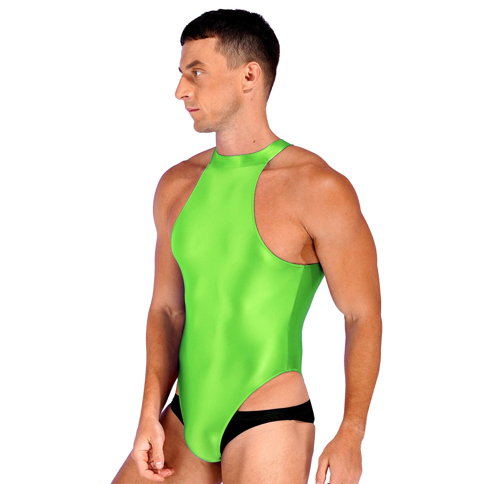 a sexy man in fluorescent green Profile High-Neck Halter Leotard showing sleek halter neckline and sculpted torso, high-cut fit – pridevoyageshop.com – gay men’s harness, lingerie and fetish wear