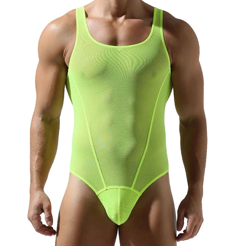 a sexy man in fluorescent green The Preview Sheer Bodysuit – pridevoyageshop.com – gay men’s harness, lingerie and fetish wear