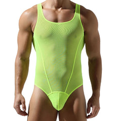 a sexy man in fluorescent green The Preview Sheer Bodysuit – pridevoyageshop.com – gay men’s harness, lingerie and fetish wear