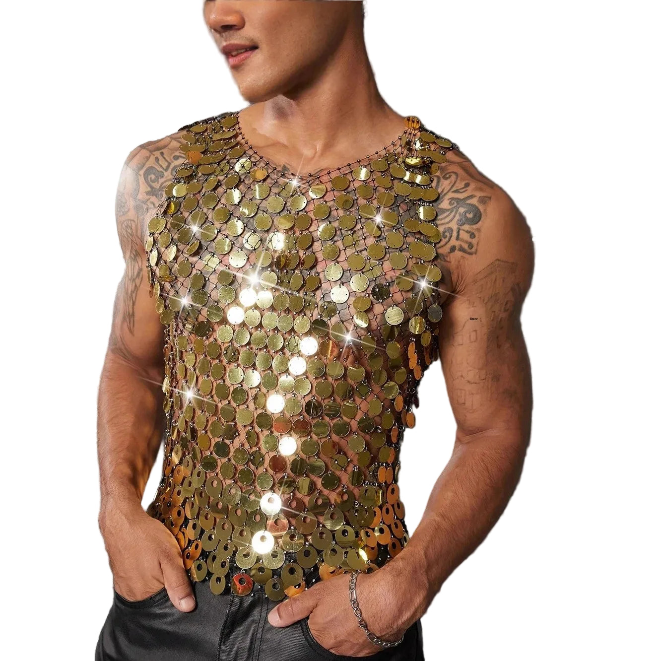 a sexy man in gold Diva’s Armor Sequin Vest - pridevoyageshop.com - gay men’s harness, lingerie and fetish wear