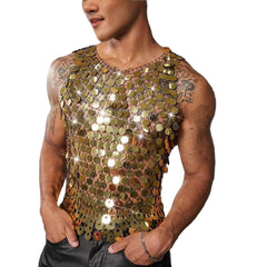a sexy man in gold Diva’s Armor Sequin Vest - pridevoyageshop.com - gay men’s harness, lingerie and fetish wear