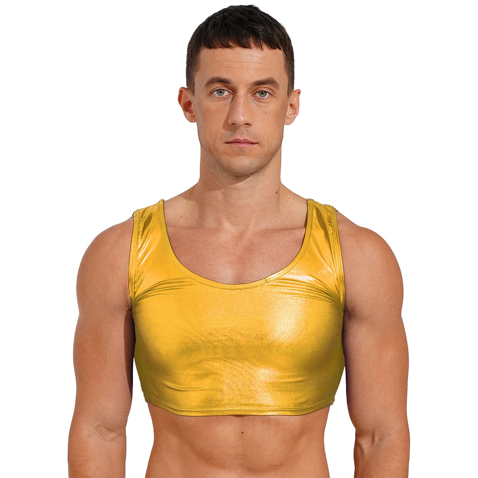 a sexy man in gold Liquid Mercury Micro Metallic Vest - pridevoyageshop.com - gay men’s harness, lingerie and fetish wear