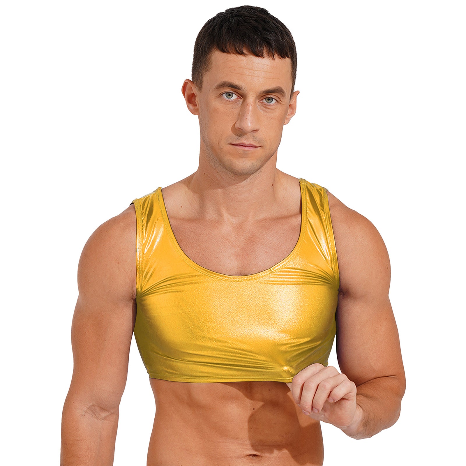 a sexy man in gold Liquid Mercury Micro Metallic Vest - pridevoyageshop.com - gay men’s harness, lingerie and fetish wear