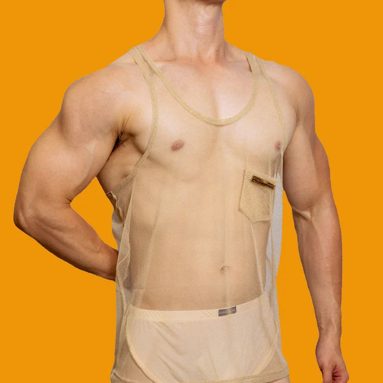 a sexy man in gold Look Dont Touch Mesh Tank – pridevoyageshopcom – gay mens clubwear mesh tanks crop tops fashion tops partywear activewear