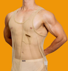 a sexy man in gold Look Dont Touch Mesh Tank – pridevoyageshopcom – gay mens clubwear mesh tanks crop tops fashion tops partywear activewear