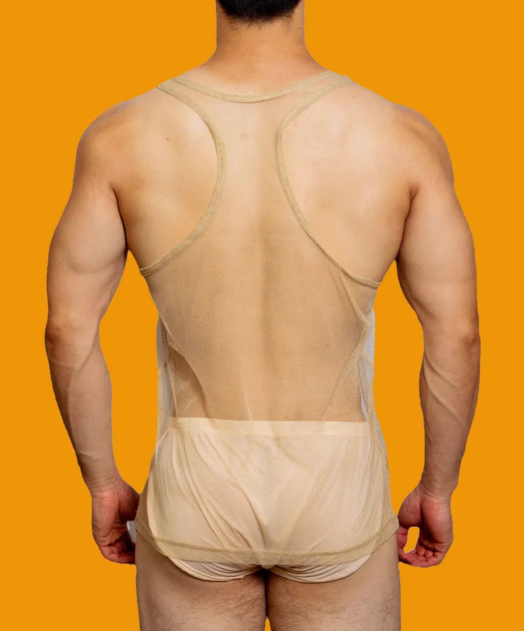 a sexy man in gold Look Dont Touch Mesh Tank – pridevoyageshopcom – gay mens clubwear mesh tanks crop tops fashion tops partywear activewear