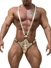 a sexy man in gold Men’s Lockdown Suspender Jock Singlet – pridevoyageshop.com – gay men’s harness, lingerie and fetish wear