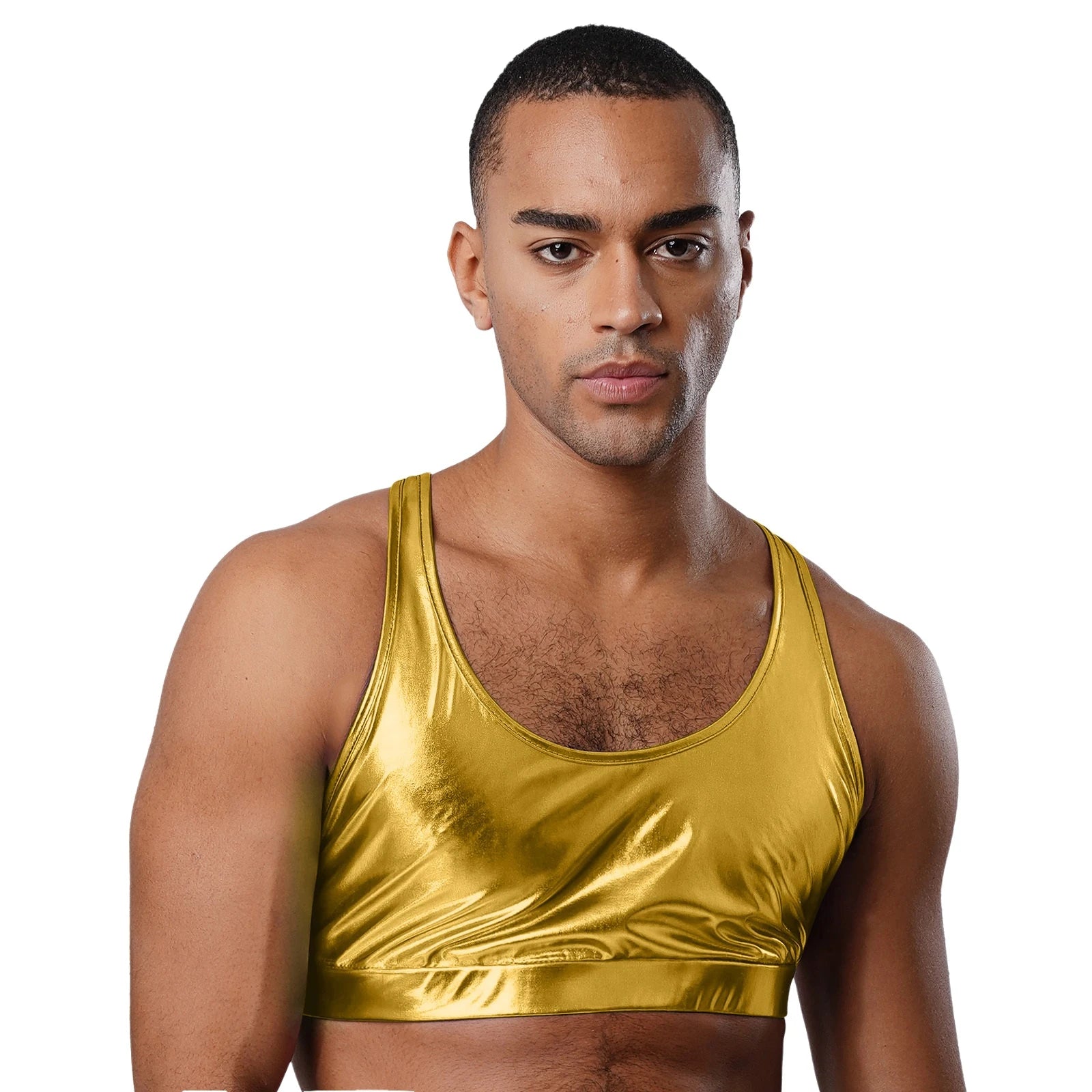 a sexy man in gold metallic harness-back crop top, shiny fetish club style, sculpted chest, bold queer energy – pridevoyageshop.com – gay men’s harness, lingerie and fetish wear