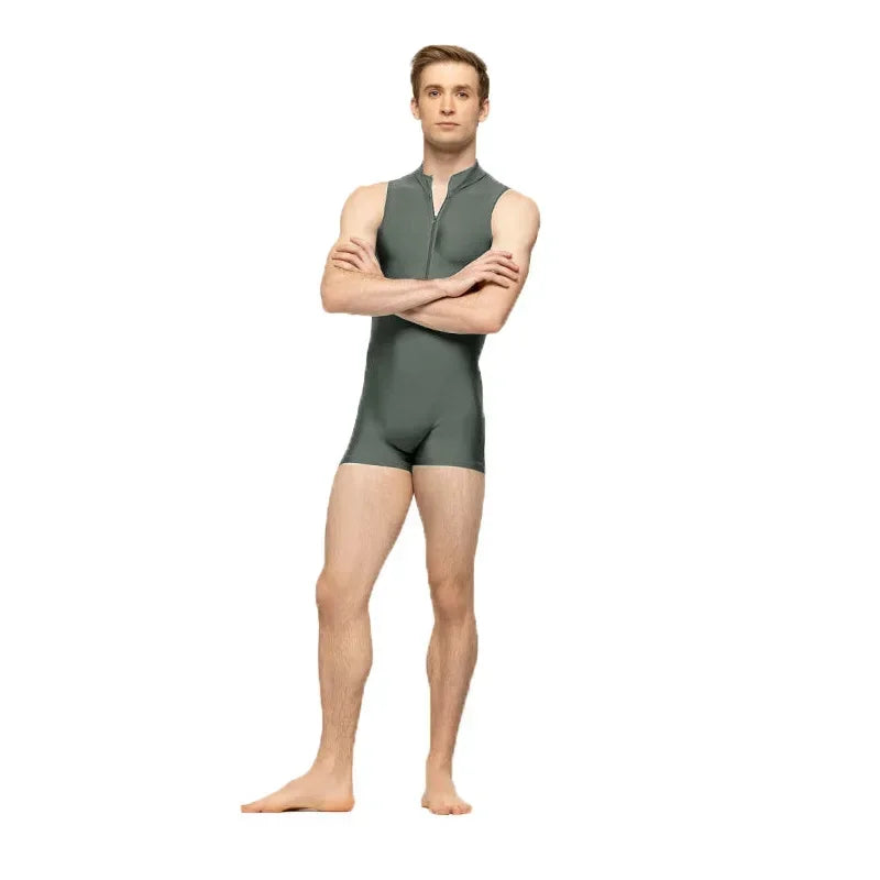 a sexy man in gray Aerobicide Zip-Access Bodysuit – pridevoyageshop.com – gay men’s harness, lingerie and fetish wear