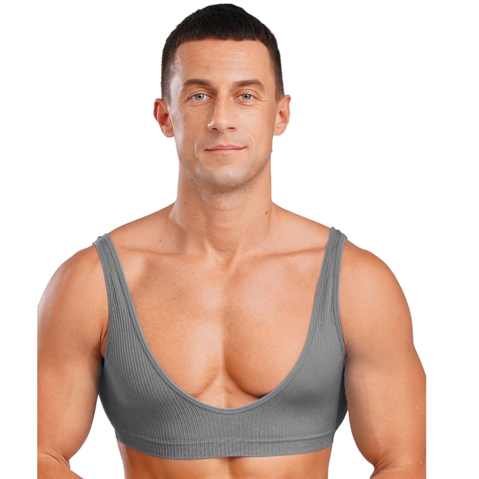 a sexy man in gray Boytoy Deep Scoop Rib Vest - pridevoyageshop.com - gay men’s harness, lingerie and fetish wear