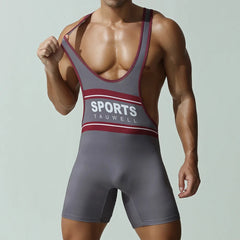 a sexy man in gray Men’s Championship Chest-Band Singlet – pridevoyageshop.com – gay men’s harness, lingerie and fetish wear