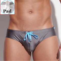 a sexy man in gray Men’s Poolside Power Bottom Swim Briefs with pad - pridevoyageshop.com - gay men’s sexy swim briefs, trunks, board shorts, and bikinis