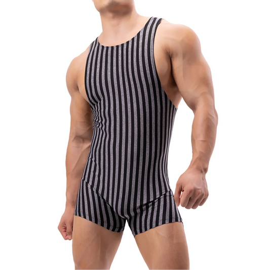 a sexy man in gray and black Men’s Cellblock Vertical Stripe Singlet – pridevoyageshop.com – gay men’s harness, lingerie and fetish wear