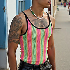 a sexy man in green Boardwalk Candy Stripe Mesh Cami – pridevoyageshop.com – gay men’s harness, lingerie and fetish wear.