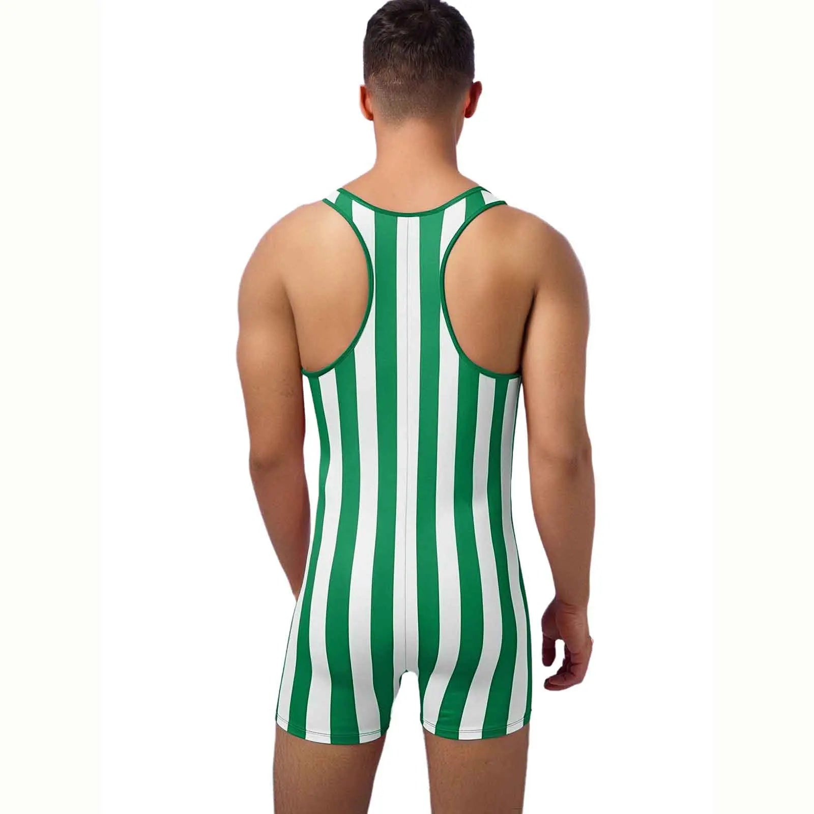 a sexy man in green Men’s Candy Striper Vintage Stripe Singlet – pridevoyageshop.com – gay men’s harness, lingerie and fetish wear
