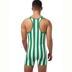 a sexy man in green Men’s Candy Striper Vintage Stripe Singlet – pridevoyageshop.com – gay men’s harness, lingerie and fetish wear
