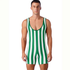 a sexy man in green Men’s Candy Striper Vintage Stripe Singlet – pridevoyageshop.com – gay men’s harness, lingerie and fetish wear

